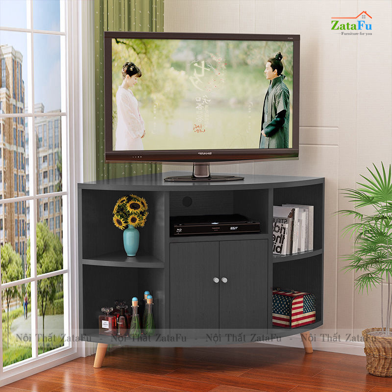 Tủ kệ tivi góc tường chân gỗ độc đáo KTV-41