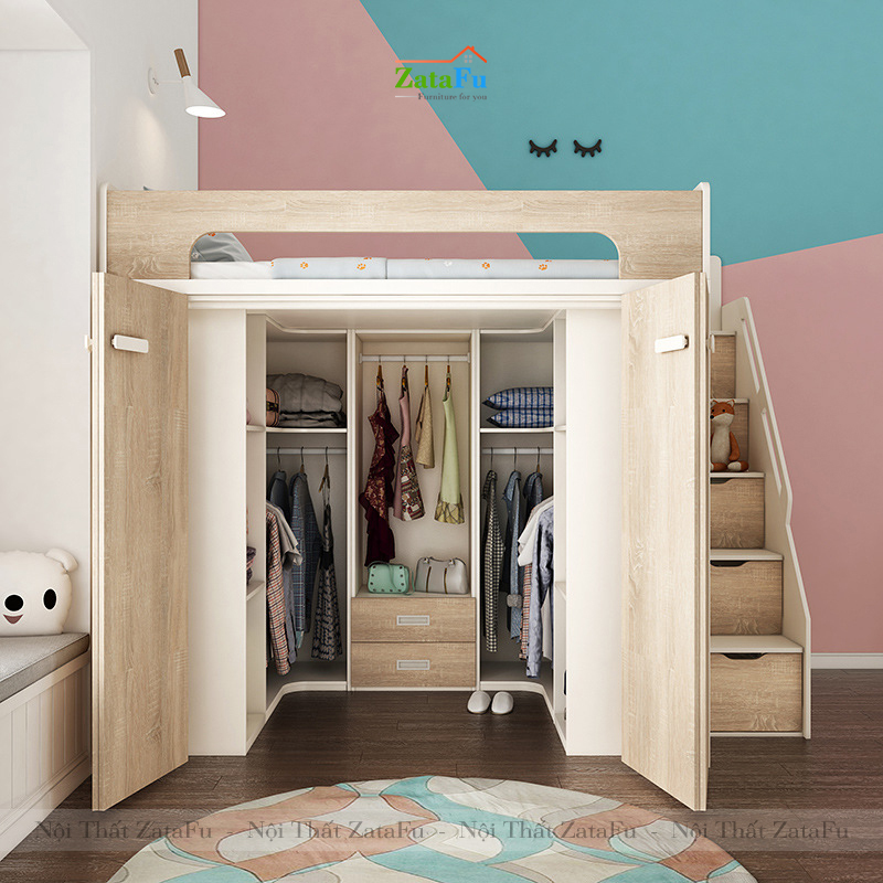 Giường tầng cho trẻ tích hợp tủ quần áo và ngăn đựng sách GG-07