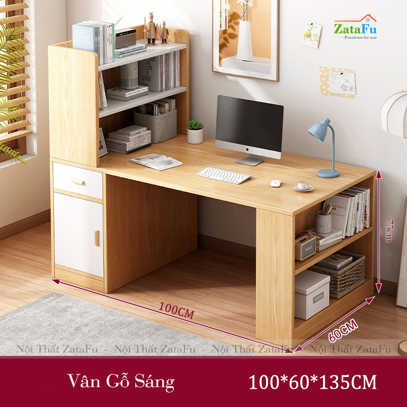 Bàn làm việc gỗ hiện đại cao cấp kèm kệ sách BLV-29