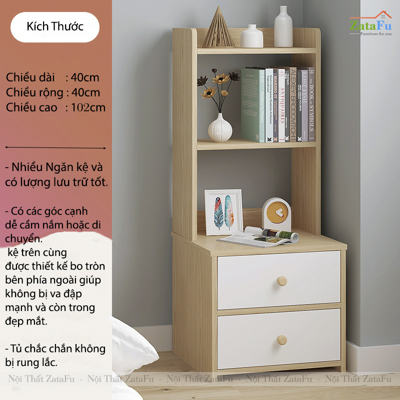 Tủ Đầu Giường Decor Nội Thất Phòng Ngủ 2 Ngăn Kéo Kèm Kệ Sách TDG-34