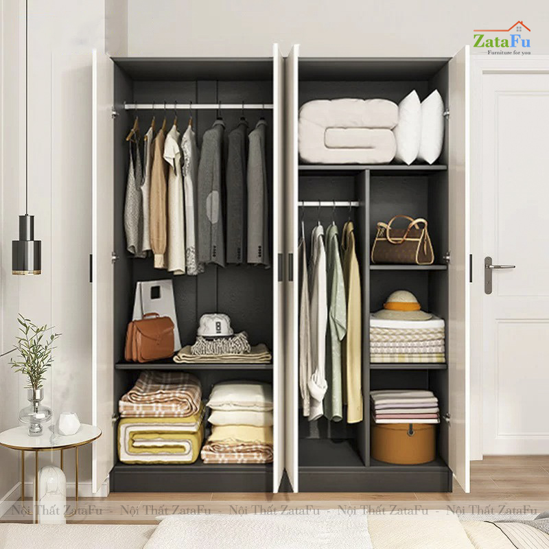 Tủ Đựng Quần Áo 4 Cánh Treo Áo Quần Gỗ Dày 17mm TQA-66