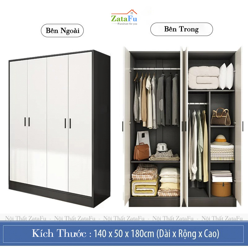 Tủ Đựng Quần Áo 4 Cánh Treo Áo Quần Gỗ Dày 17mm TQA-66