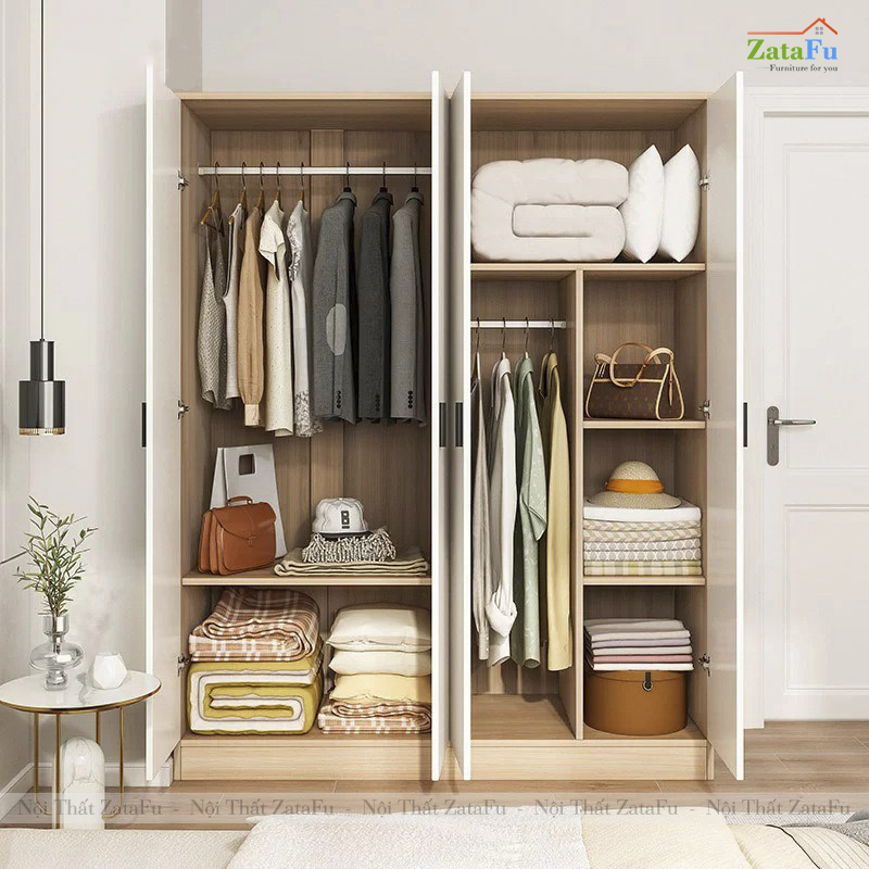 Tủ Đựng Quần Áo 4 Cánh Treo Áo Quần Gỗ Dày 17mm TQA-66