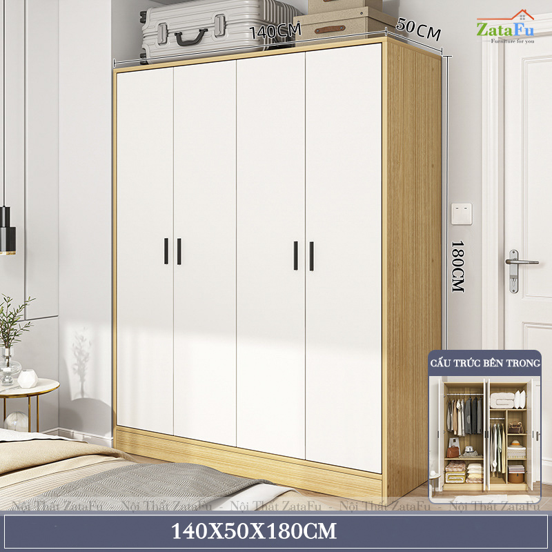 Tủ Đựng Quần Áo 4 Cánh Treo Áo Quần Gỗ Dày 17mm TQA-66