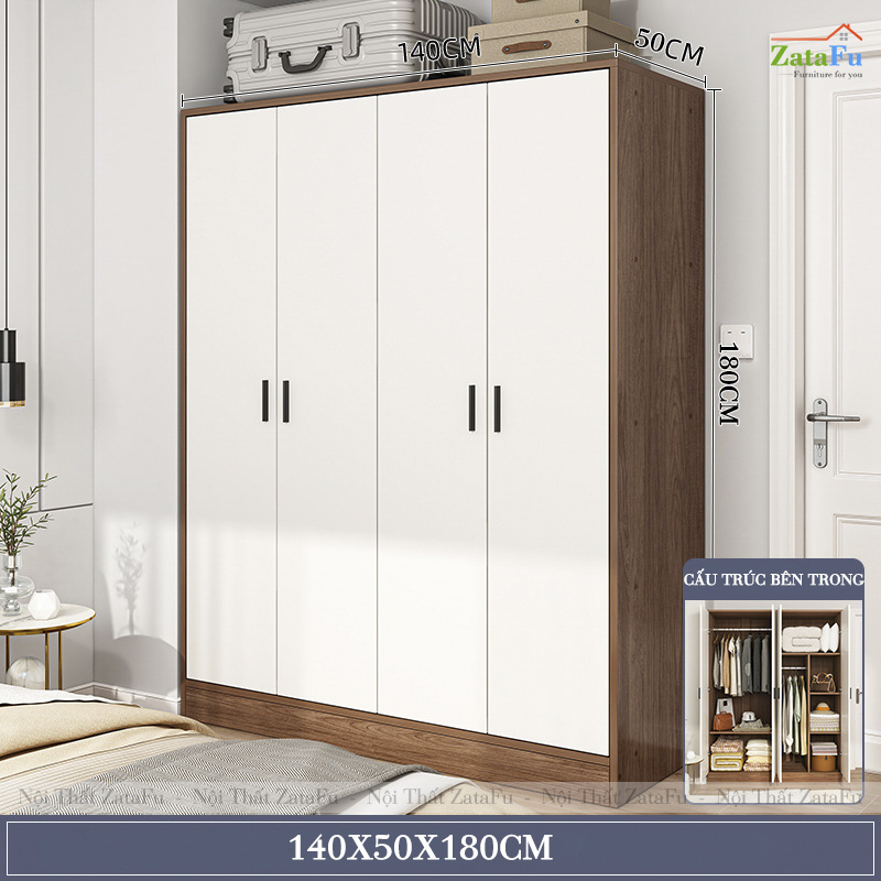 Tủ Đựng Quần Áo 4 Cánh Treo Áo Quần Gỗ Dày 17mm TQA-66
