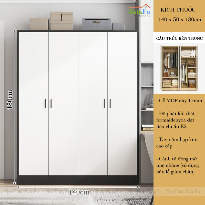 Tủ Đựng Quần Áo 4 Cánh Treo Áo Quần Gỗ Dày 17mm TQA-66
