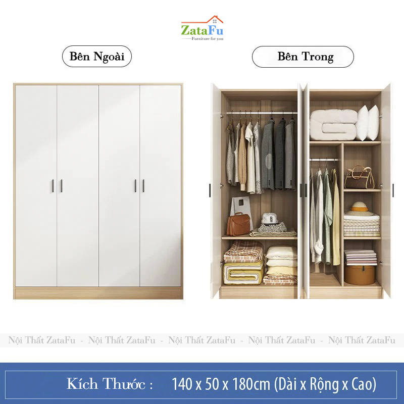 Tủ Đựng Quần Áo 4 Cánh Treo Áo Quần Gỗ Dày 17mm TQA-66