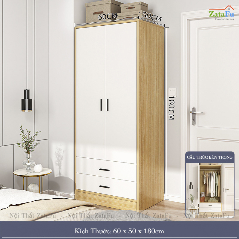 Tủ Quần Áo 2 Cánh 2 Ngăn Kéo Gỗ Dày 17mm Dùng Bản Lề Cánh Cửa Và Ray Trượt Giảm Chấn TQA-61
