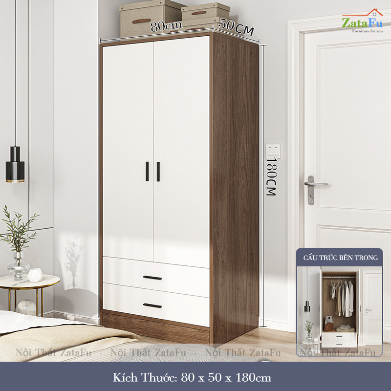 Tủ Quần Áo 2 Cánh 2 Ngăn Kéo Gỗ Dày 17mm Dùng Bản Lề Cánh Cửa Và Ray Trượt Giảm Chấn TQA-61