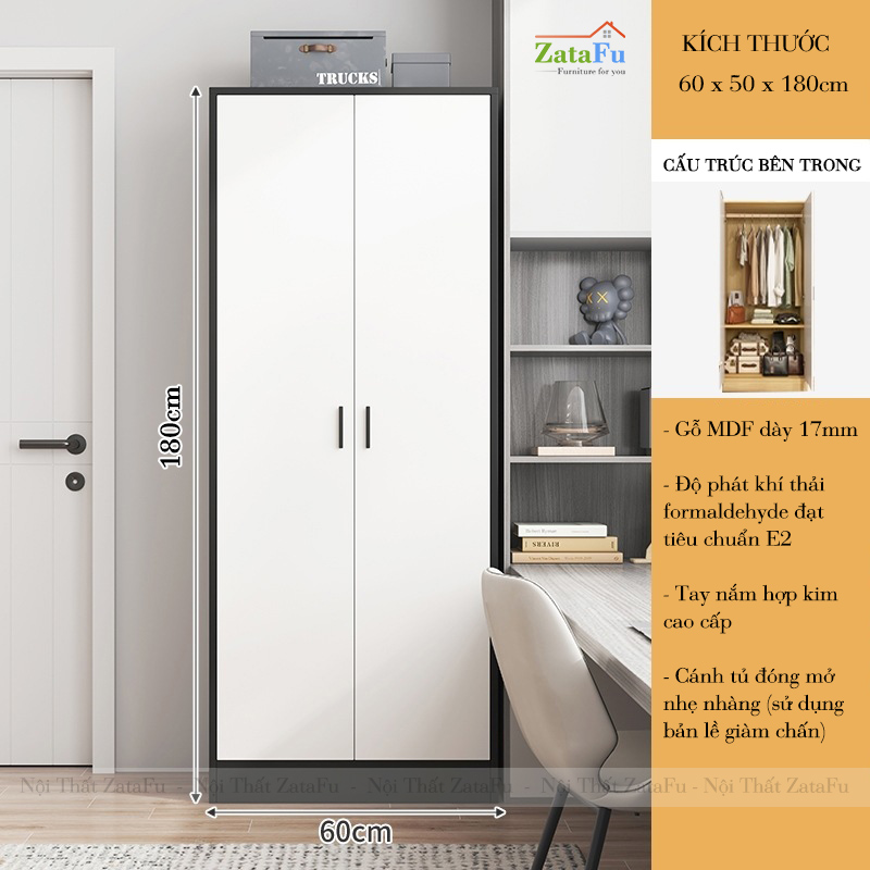 Tủ Quần Áo Gỗ MDF 2 Cánh Thiết Kế Tối Giản TQA-60