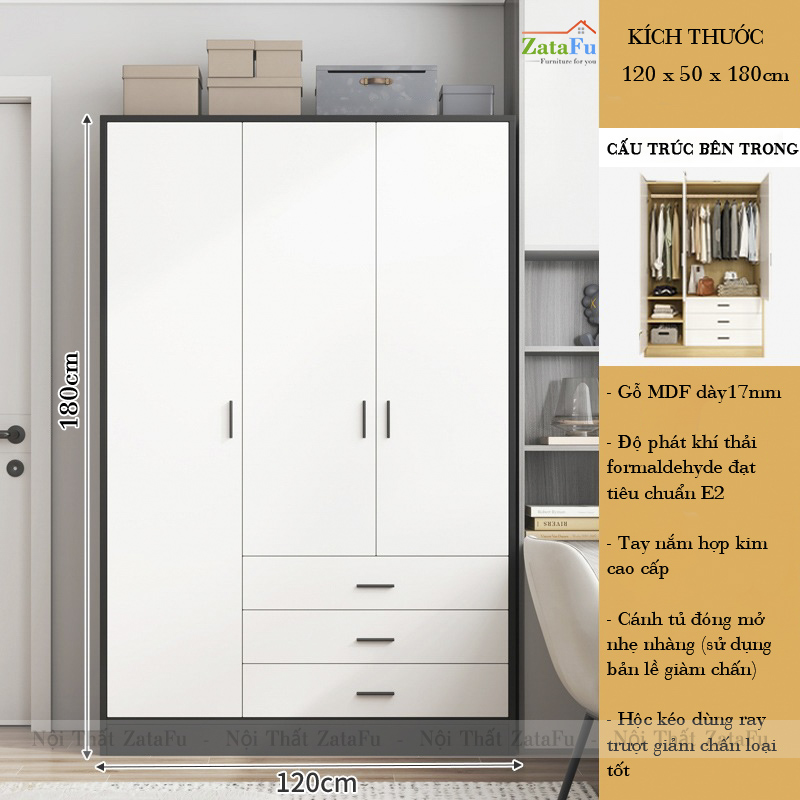 Tủ Quần Áo 3 Cánh Gỗ MDF Thiết Kế Hiện Đại Kèm Ngăn Kéo Dùng Ray Trượt Giảm Chấn Cao Cấp TQA-64
