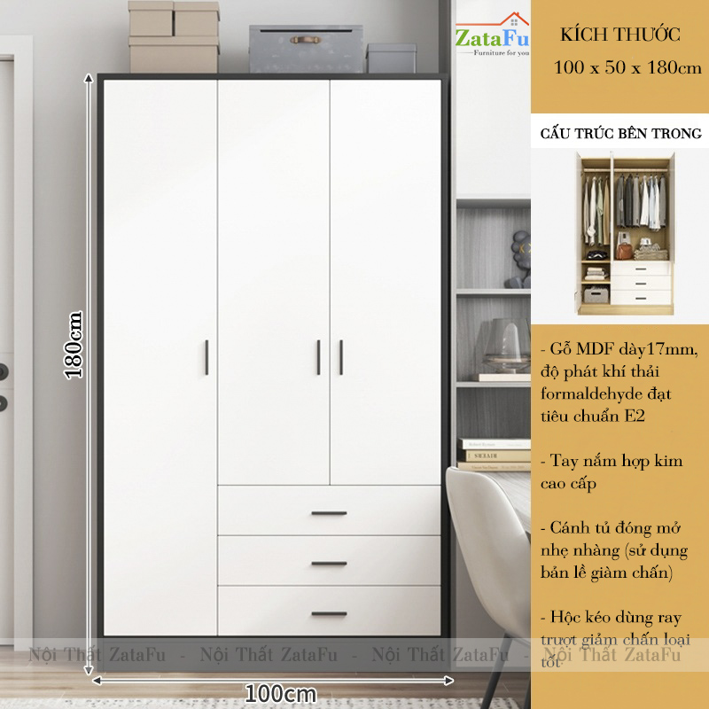 Tủ Quần Áo 3 Cánh Gỗ MDF Thiết Kế Hiện Đại Kèm Ngăn Kéo Dùng Ray Trượt Giảm Chấn Cao Cấp TQA-64