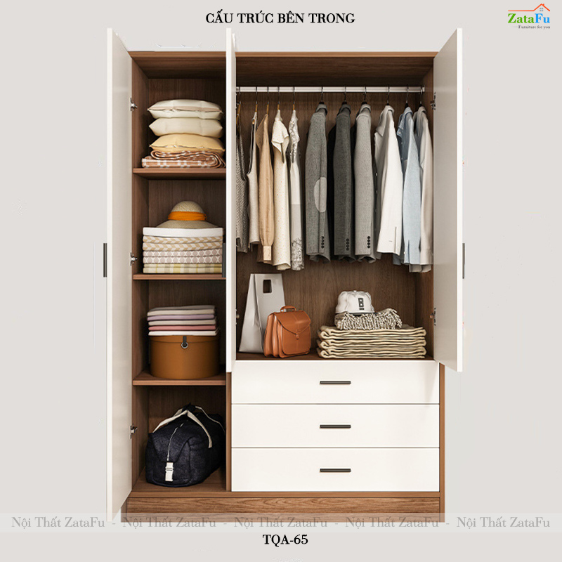 Tủ Áo Quần Gỗ 3 Cánh Có Nhiều Ngăn Xếp Đồ Và 3 Ngăn Kéo TQA-65
