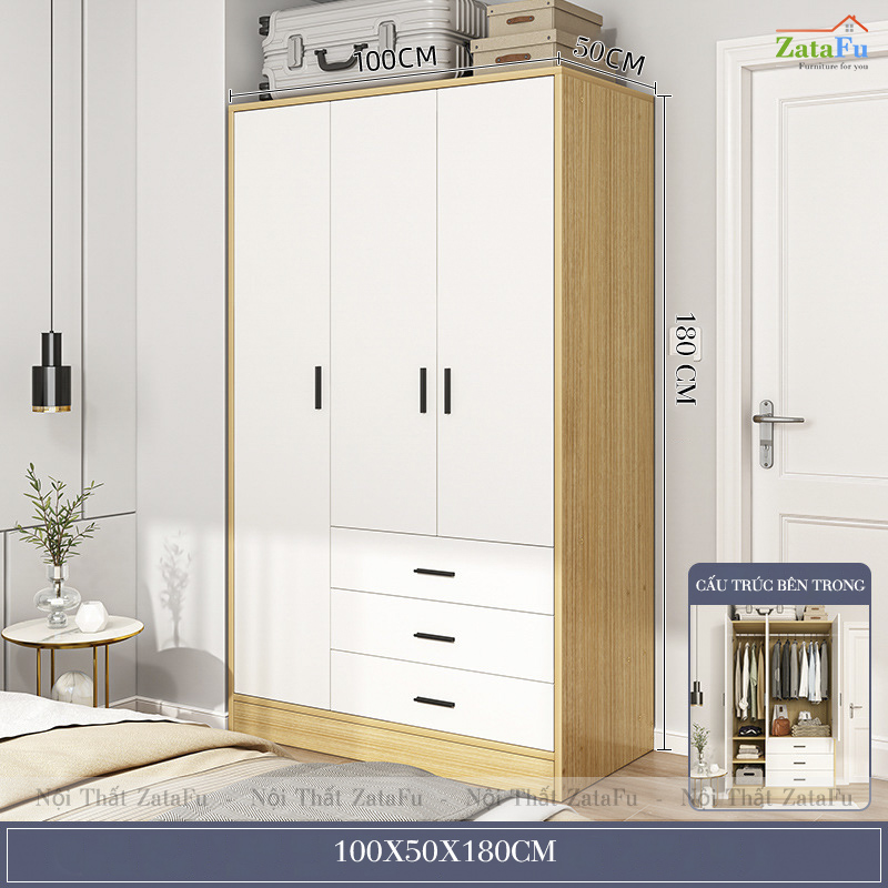 Tủ Quần Áo 3 Cánh Gỗ MDF Thiết Kế Hiện Đại Kèm Ngăn Kéo Dùng Ray Trượt Giảm Chấn Cao Cấp TQA-64