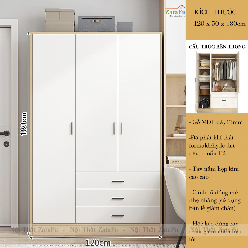 Tủ Quần Áo 3 Cánh Gỗ MDF Thiết Kế Hiện Đại Kèm Ngăn Kéo Dùng Ray Trượt Giảm Chấn Cao Cấp TQA-64