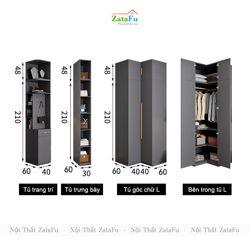 Tủ quần áo góc L cao cấp nhiều phân loại kết hợp sang trọng TQA-21