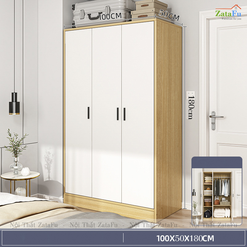 Tủ Quần Áo Gỗ Công Nghiệp MDF 3 Cánh Ván Dày 17mm Cánh Cửa Dùng Bản Lề Giảm Chấn TQA-63