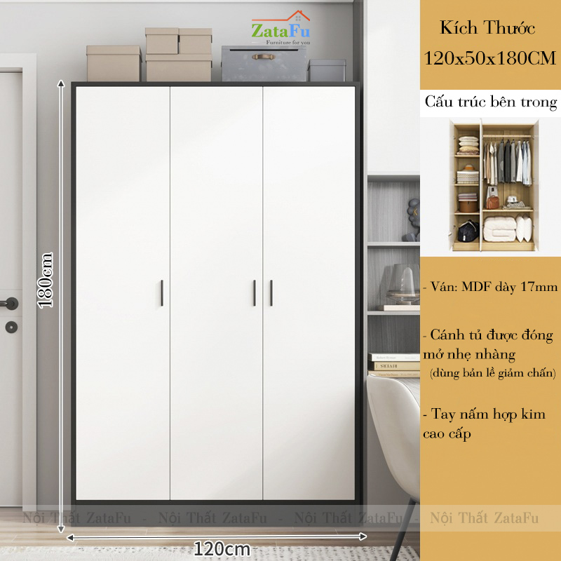 Tủ Quần Áo Gỗ Công Nghiệp MDF 3 Cánh Ván Dày 17mm Cánh Cửa Dùng Bản Lề Giảm Chấn TQA-63
