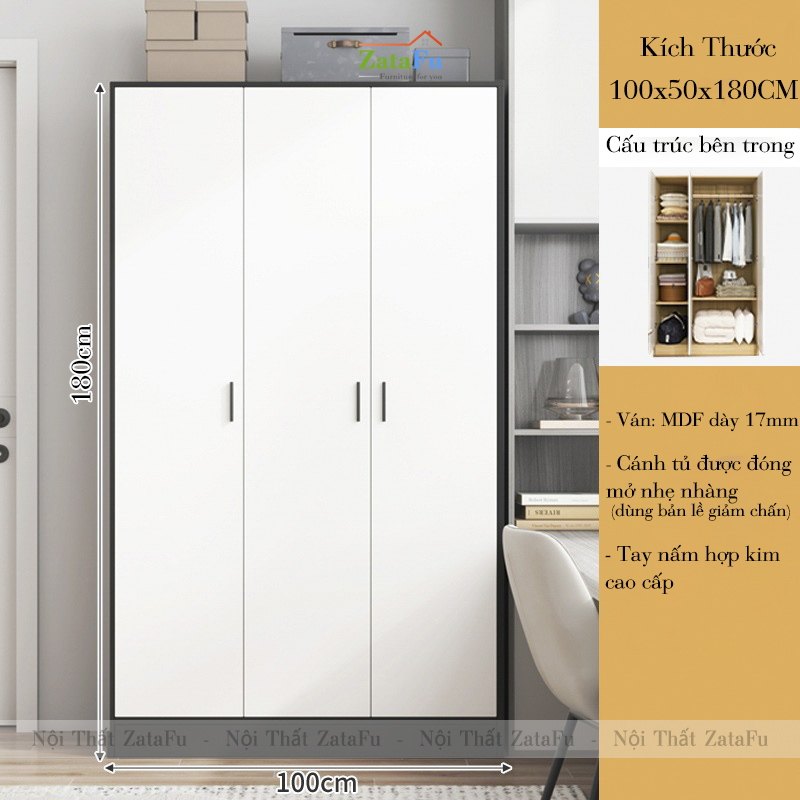 Tủ Quần Áo Gỗ Công Nghiệp MDF 3 Cánh Ván Dày 17mm Cánh Cửa Dùng Bản Lề Giảm Chấn TQA-63