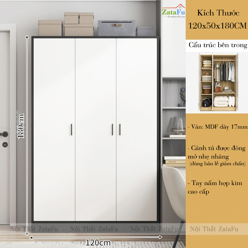 Tủ Quần Áo Gỗ Công Nghiệp MDF 3 Cánh Ván Dày 17mm Cánh Cửa Dùng Bản Lề Giảm Chấn TQA-63
