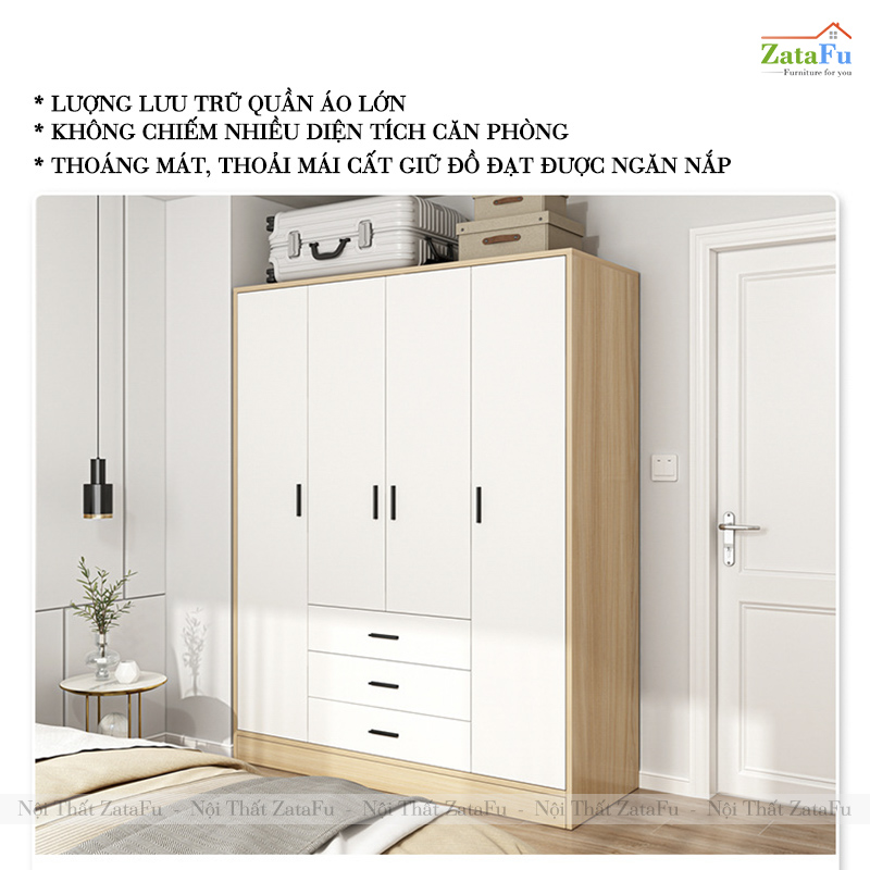 Tủ Treo Quần Áo 4 Buồng 3 Ngăn Kéo Giảm Chấn Ván MDF Dày 17mm TQA-67