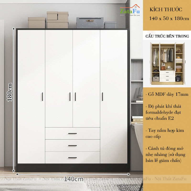 Tủ Treo Quần Áo 4 Buồng 3 Ngăn Kéo Giảm Chấn Ván MDF Dày 17mm TQA-67