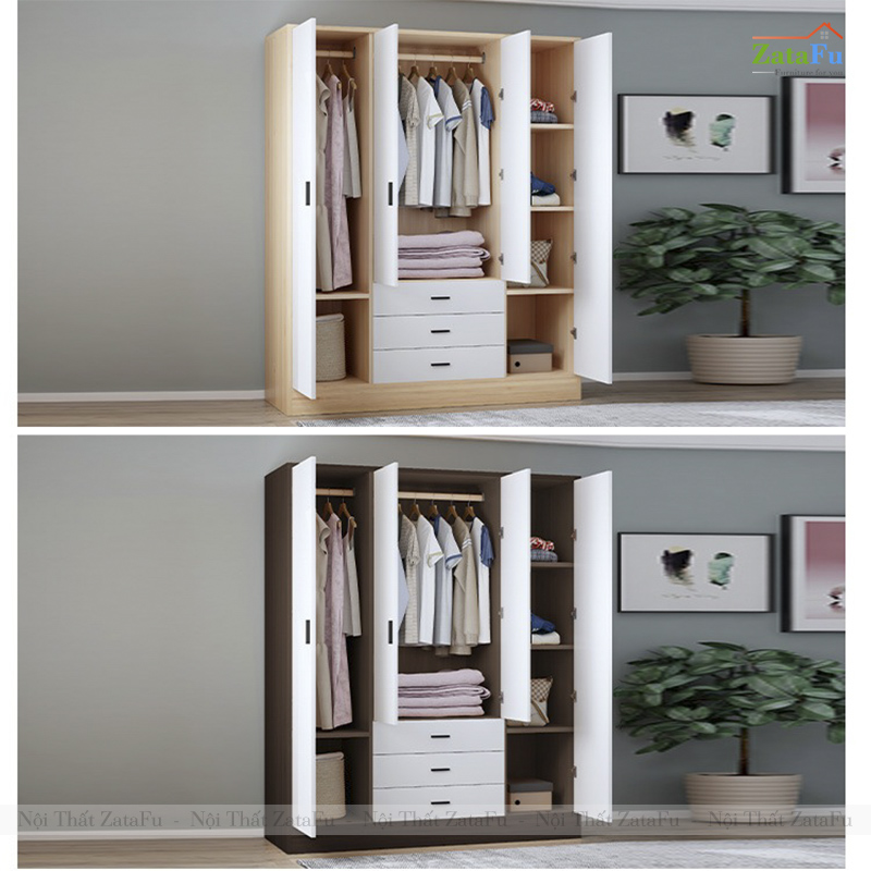 Tủ Treo Quần Áo 4 Buồng 3 Ngăn Kéo Giảm Chấn Ván MDF Dày 17mm TQA-67