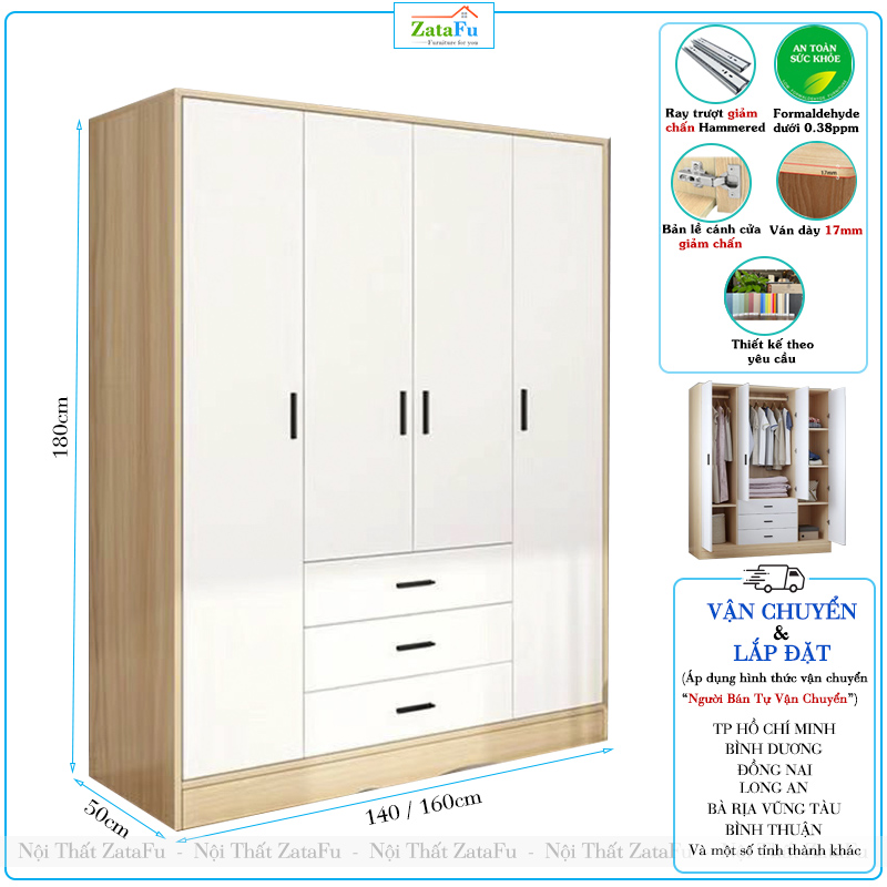 Tủ Treo Quần Áo 4 Buồng 3 Ngăn Kéo Giảm Chấn Ván MDF Dày 17mm TQA-67