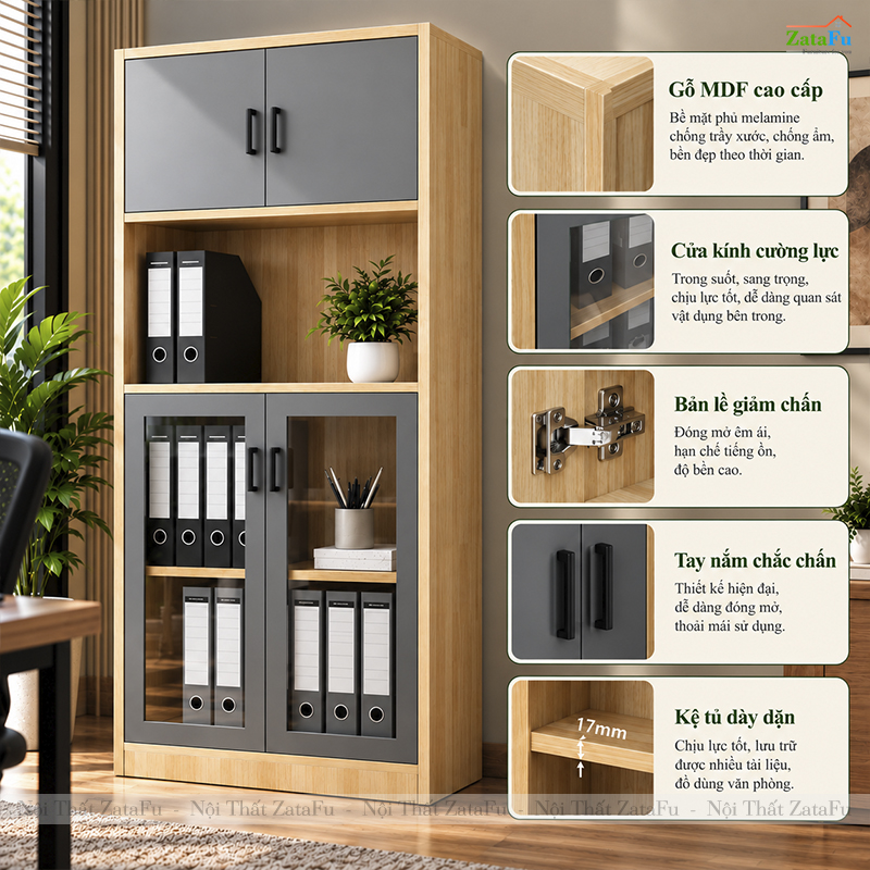 Tủ Trang Trí Tủ Đựng Tài Liệu Hiện Đại Nhiều Ngăn Có Kính Để Phòng Làm Việc TUTT-71 ZataFu