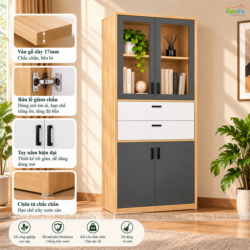 Tủ Trang Trí Tủ Đựng Tài Liệu Hiện Đại Có Kính Để Phòng Làm Việc Nhiều Ngăn TUTT-73 ZataFu