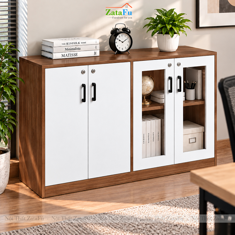 Tủ Trang Trí Tủ Đựng Tài Liệu Hiện Đại Có Kính Gỗ MDF Dày 17mm Tích Hợp Ổ Khóa TUTT-78 ZataFu