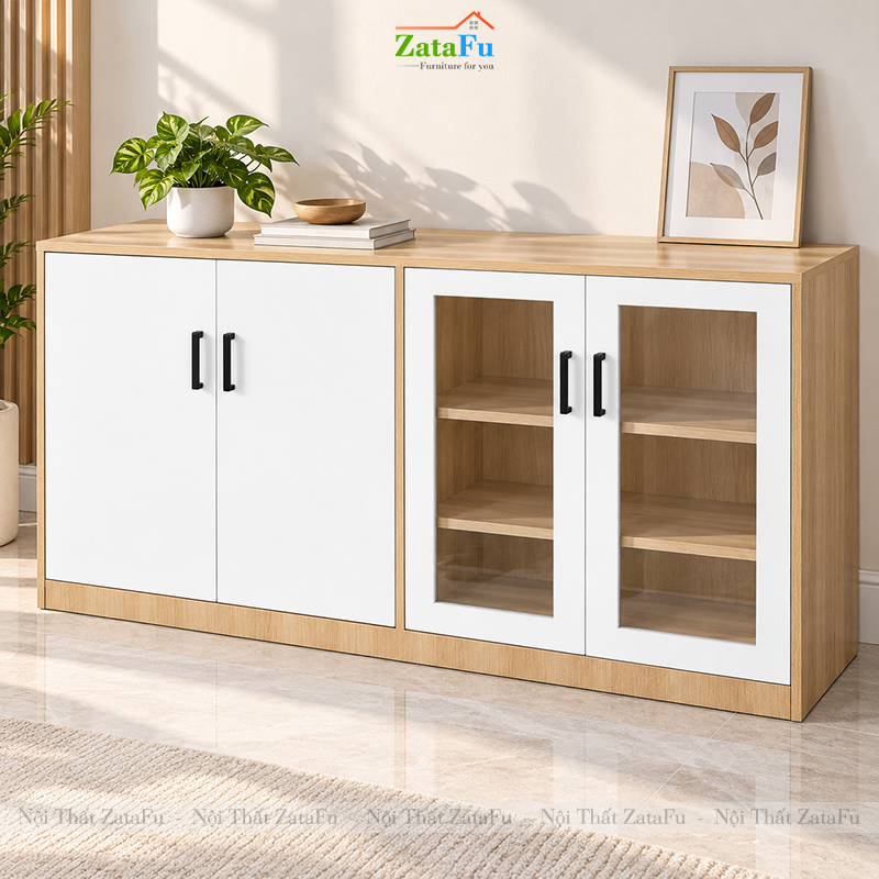 Tủ Trang Trí Tủ Đựng Tài Liệu Hiện Đại Có Kính Gỗ MDF Dày 17mm TUTT-80 ZataFu