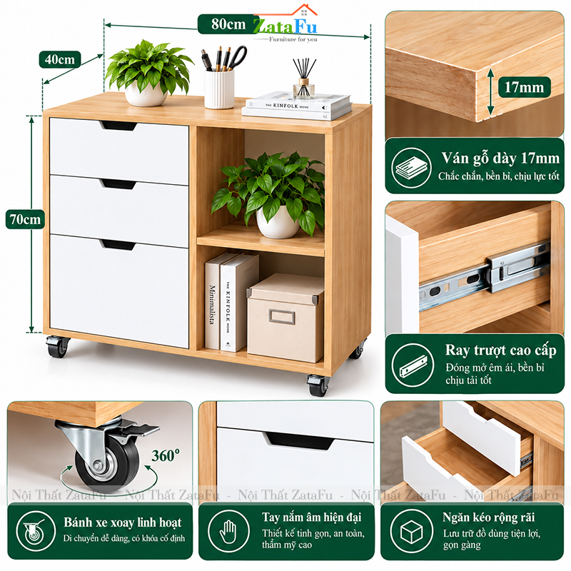 Tủ Trang Trí Tủ Đựng Tài Liệu Hiện Đại Tích Hợp Bánh Xe Linh Hoạt TUTT-82 ZataFu