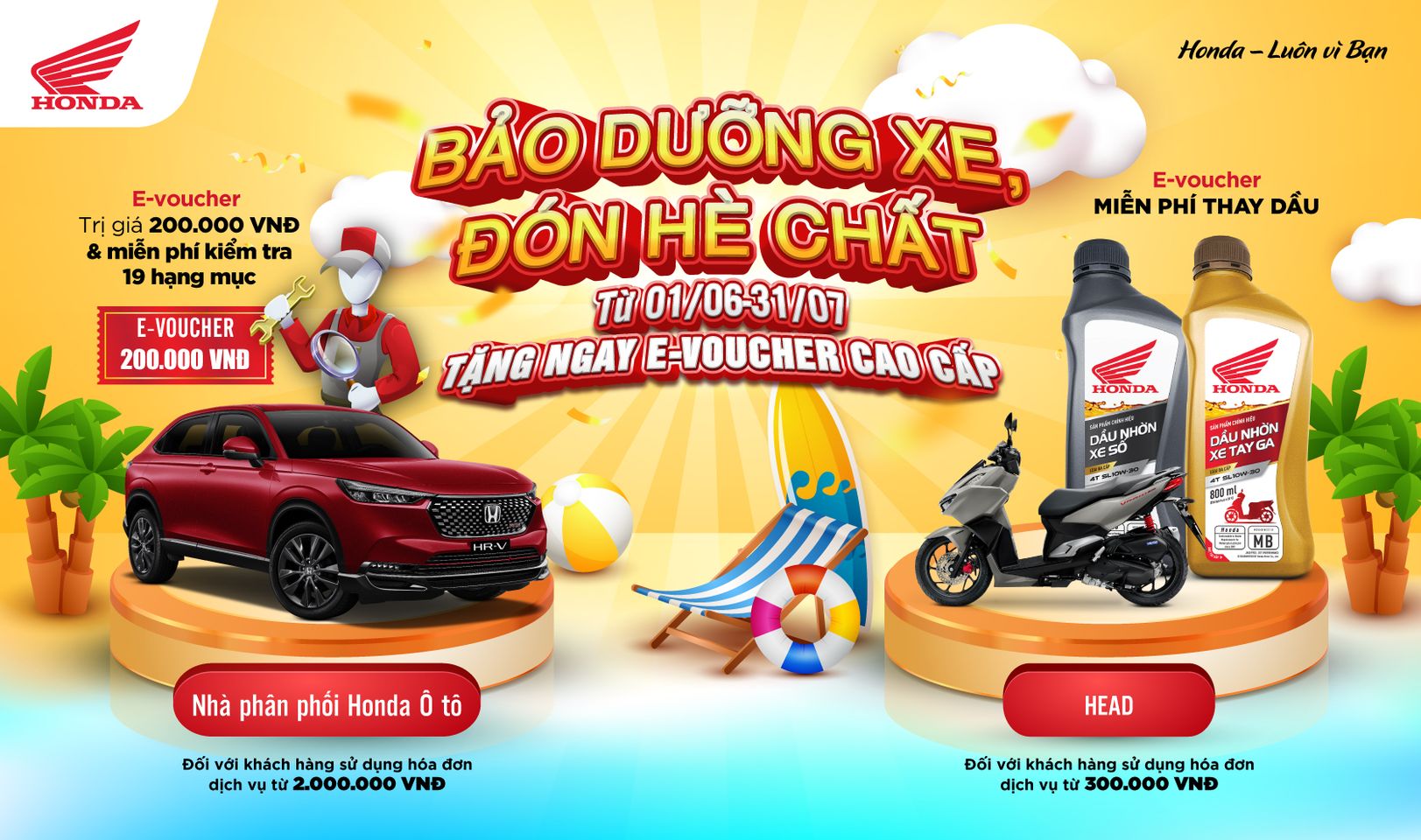 Đón chào tháng 6 rực rỡ cùng chương trình khuyến mại siêu chất - Từ ngày 01/06/2023 đến hết ngày 31/07/2023, Honda Việt Nam triển khai chương trình khuyến mại “Bảo dưỡng xe - Đón hè chất”