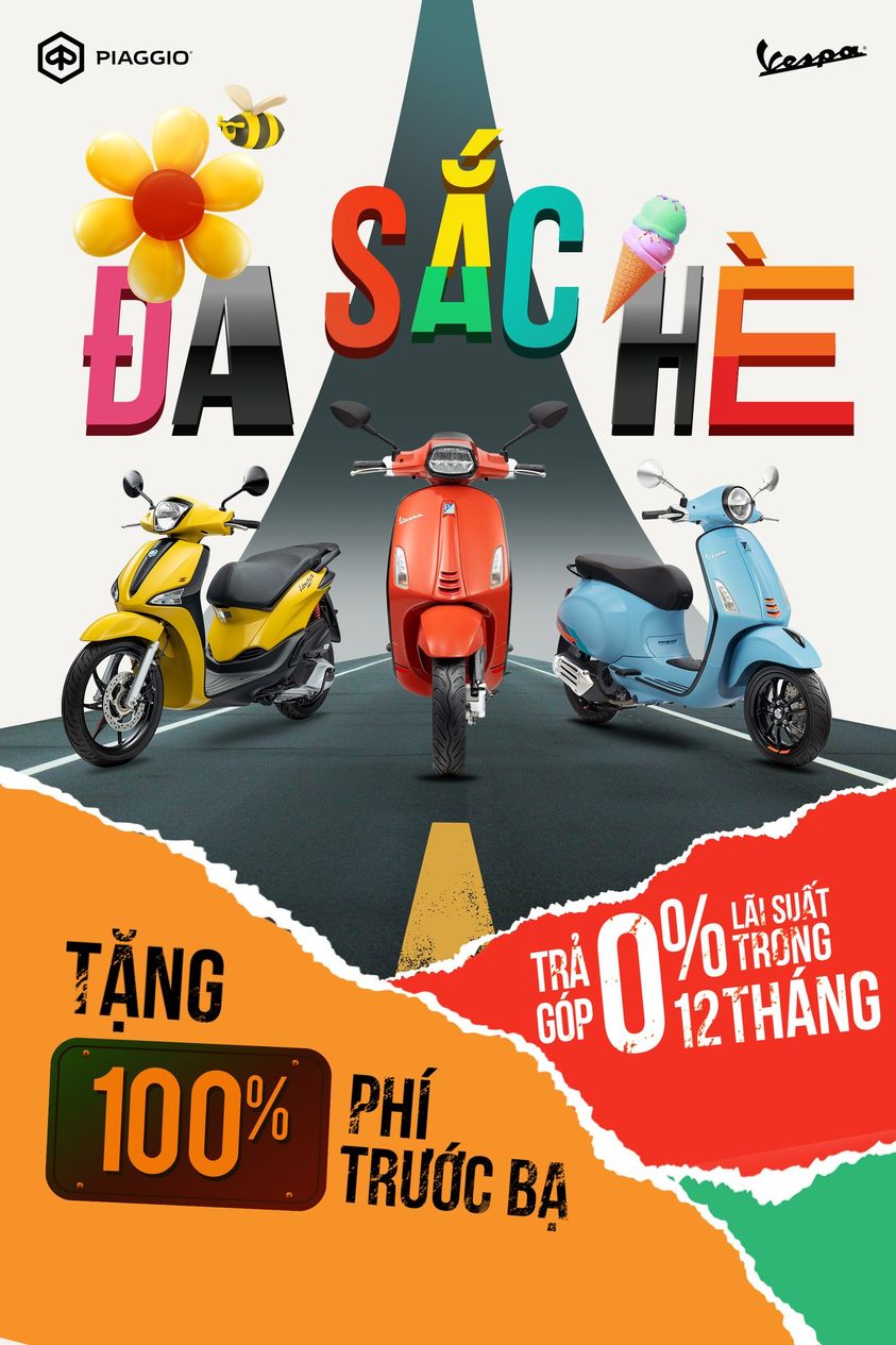 CHÀO NIỀM VUI RỘNG MỞ VỚI ƯU ĐÃI ĐA SẮC HÈ - Từ ngày 01/06 - 30/06/2023, khách hàng mua xe Vespa và Piaggio sẽ nhận ngay ưu đãi đặc biệt cùng các phương án hỗ trợ tài chính cực dễ dàng.