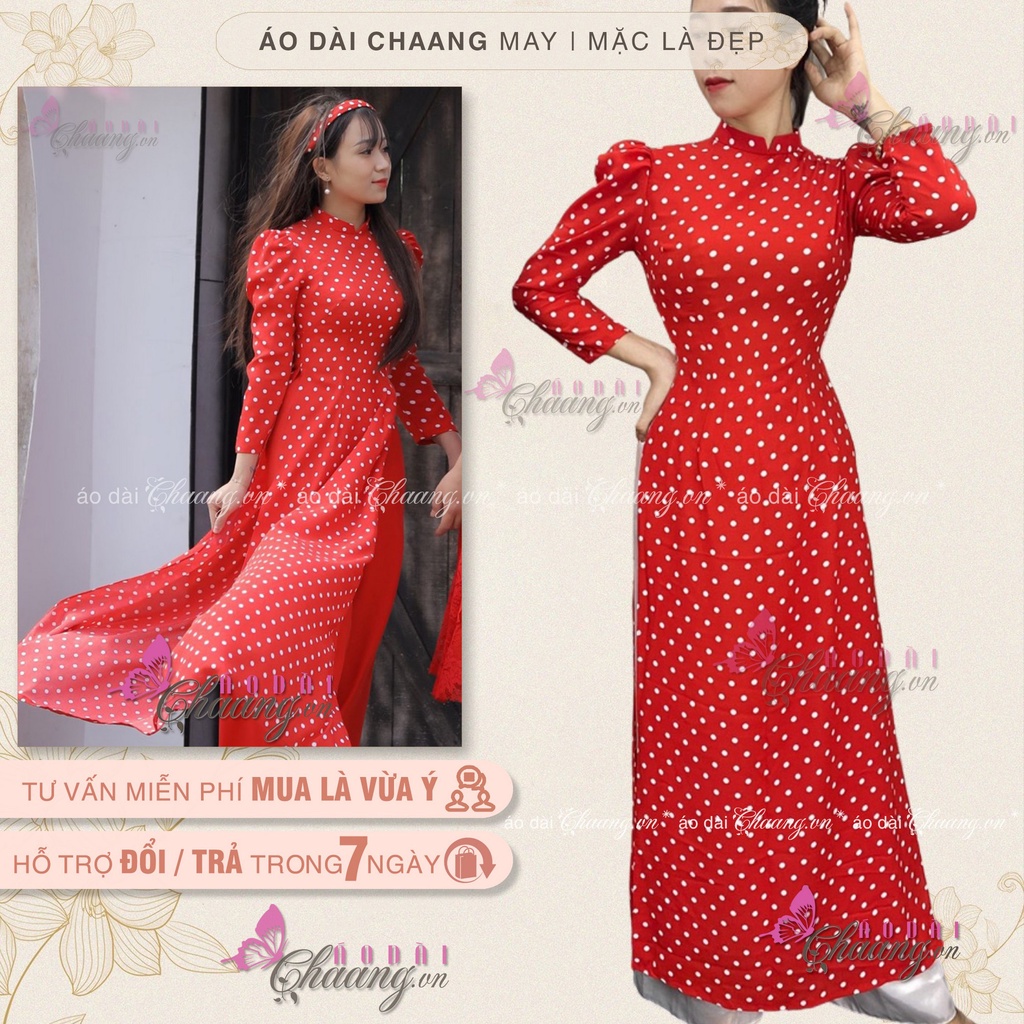 Áo Dài Trắng Truyền Thống Chấm Bi Vai Bồng May Sẵn Lụa Thái Cổ Vuông Đẹp ChaangBi09