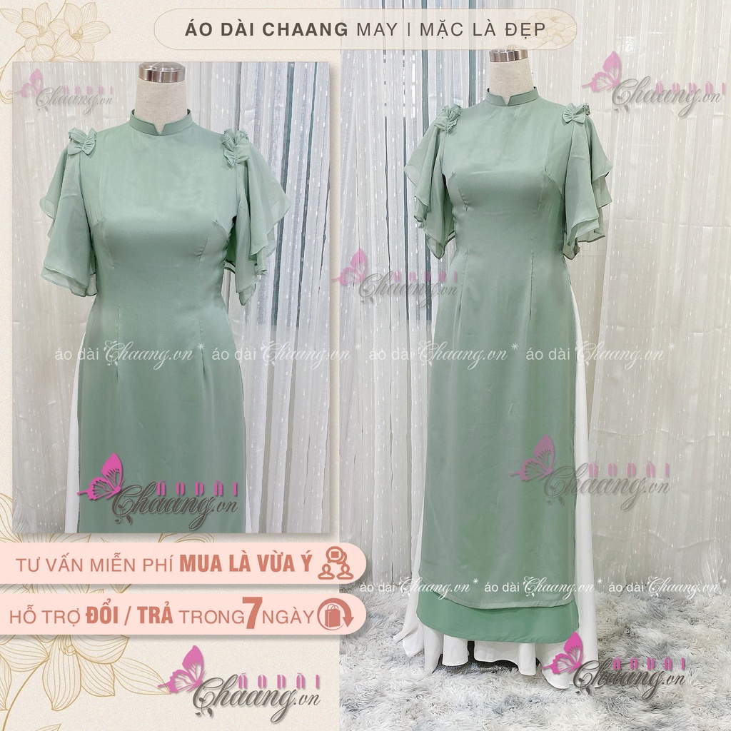 Áo dài cách tân nữ công sở Áo dài 4 tà tay loe cánh tiên lụa tơ óng xanh Mint đẹp
