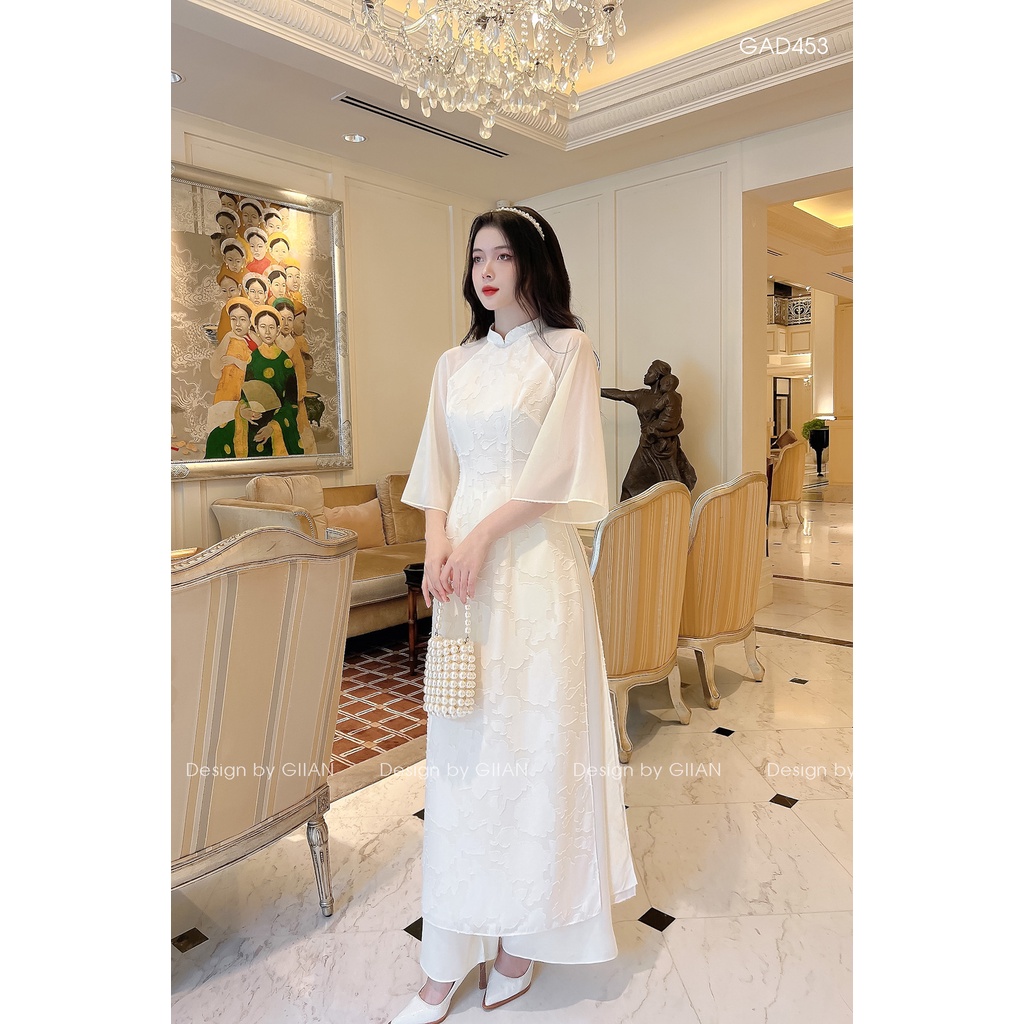Áo Dài Cách Tân Nữ Vân Nổi Phối Tay Loe Chaang May Sẵn Họa Tiết Nổi Bật Dự Tiệc Lễ Tết Đẹp Sang Trọng