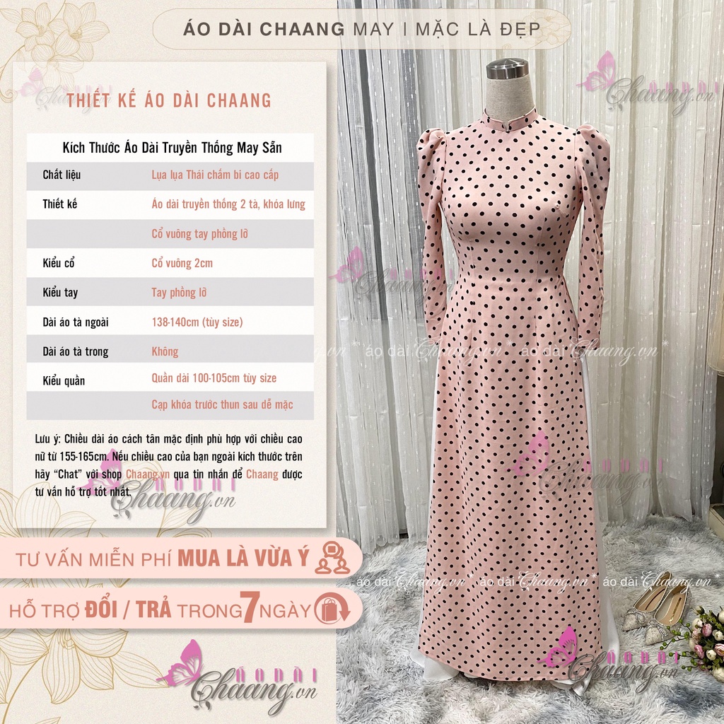 Áo Dài Hồng Chấm Bi Đen Vai Bồng May Sẵn Cổ Vuông Tay Bồng Mặc Lễ Tết Đẹp CBi131