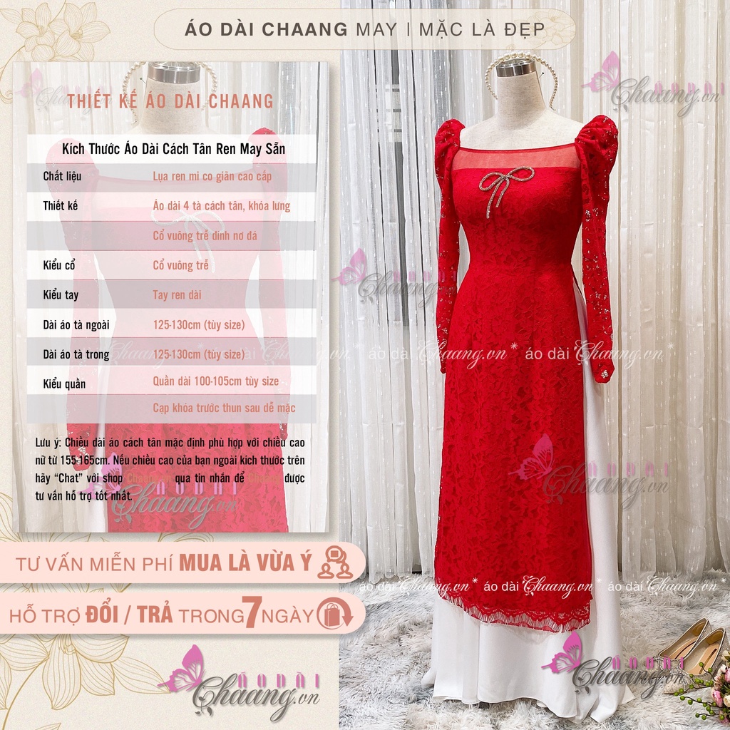 Áo Dài Đỏ Cách Tân Nữ Ren Phủ 4 Tao Cấp Cổ Voon Vuông Trễ Tay Vai Bồng Dài Dự Tiệc Lễ Tết Đẹp