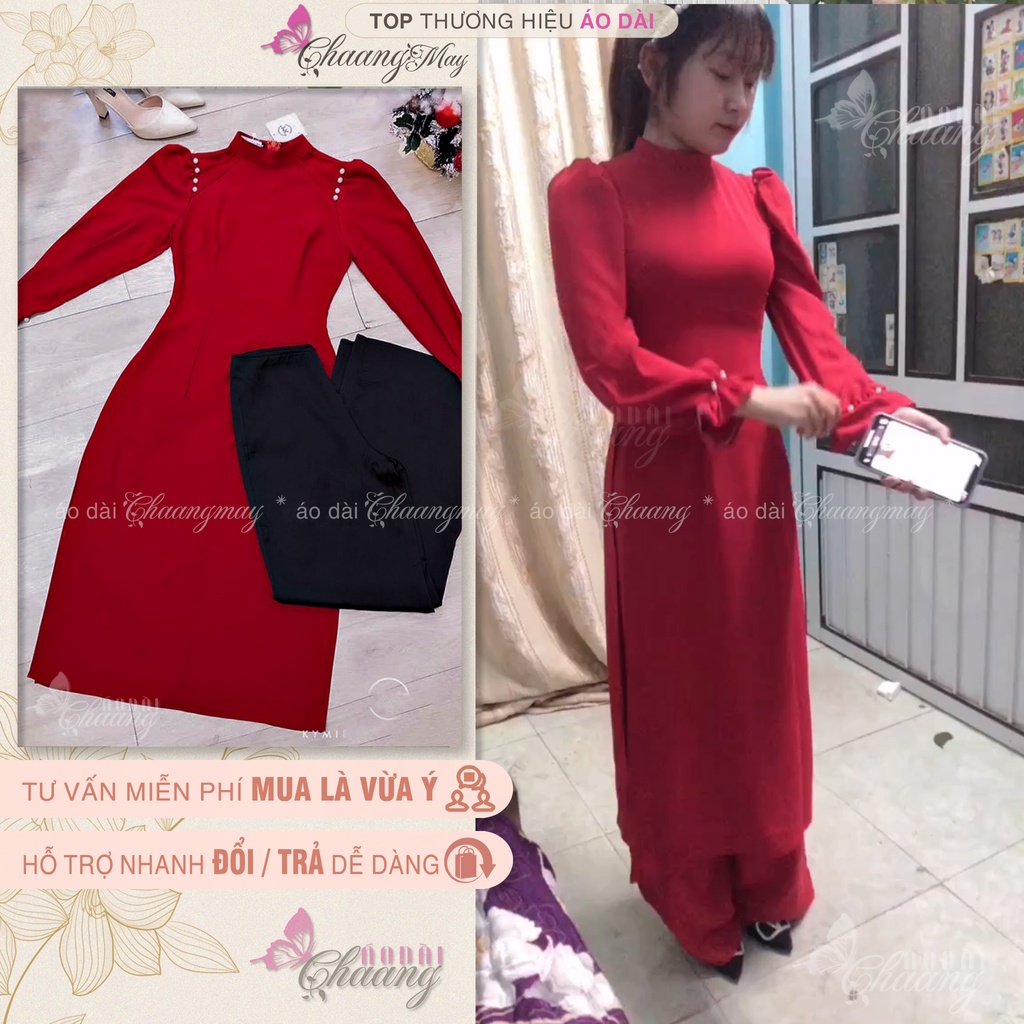Áo Dài Cách Tân Nữ Tay Thun Bồng CHAANG May Sẵn 2 Tà Ngắn Đính Hạt Chuẩn Form Đẹp Đơn Giản CCT1422