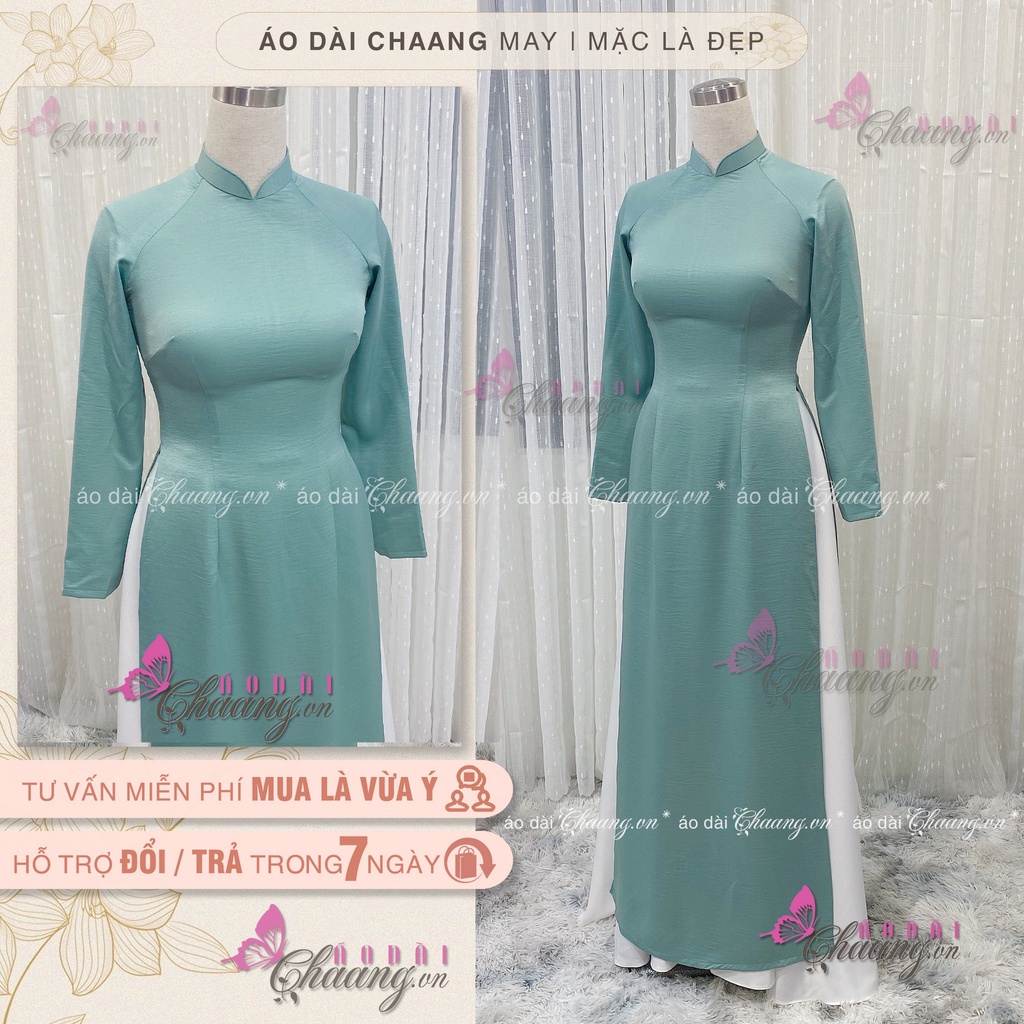 Áo dài lụa tuyết xanh đá Chaang may sẵn áo dài dáng truyền thống Việt Nam dự tiệc lễ tết đẹp