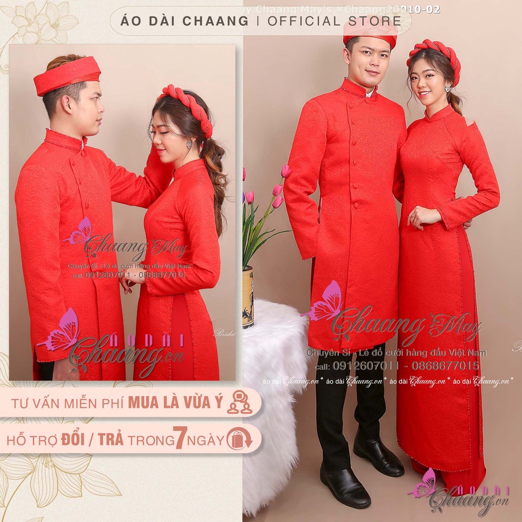 Áo dài cặp đôi nam nữ pha lê Chaang May sẵn vải áo dài gấm cô dâu chú rể ăn hỏi dự tiệc cưới lễ tết đẹp ADC124