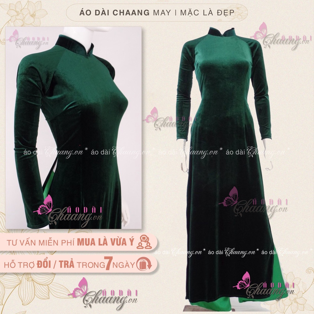 Áo dài xanh vải nhung Chaang May sẵn vải áo dài tay co giãn truyền thống mặc dự tiệc lễ tết đẹp