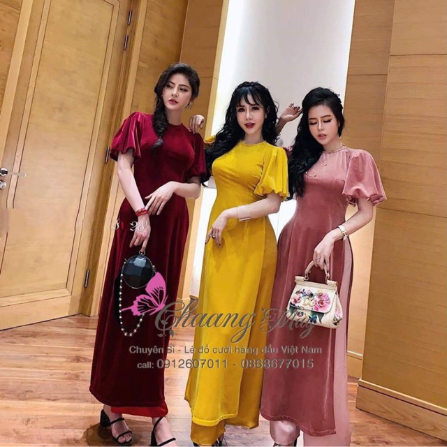 Áo Dài Nhung Cách Tân Nữ May Sẵn Tay Bèo Thun Bồng Sang Trọng Mặc Dự Tiệc Lễ Tết Đẹp