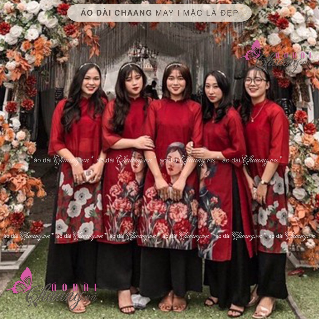 Áo dài cách tân cô gái CHAANG May sẵn vải áo dài 4 tà lụa tơ in hình dự tiệc lễ tết đẹp