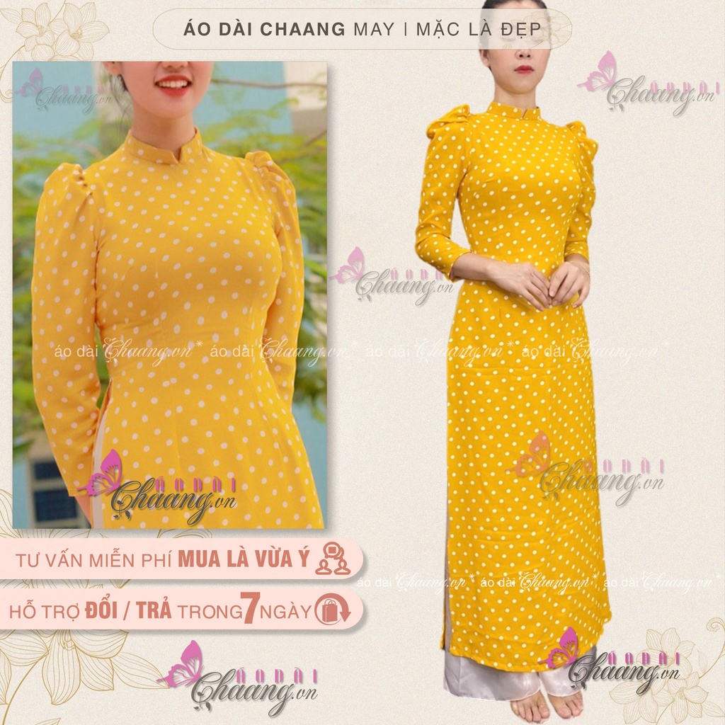 Áo Dài Truyền Thống Chấm Bi Vàng Vai Bồng May Sẵn Lụa Thái Cổ Vuông Đẹp ChaangBi08