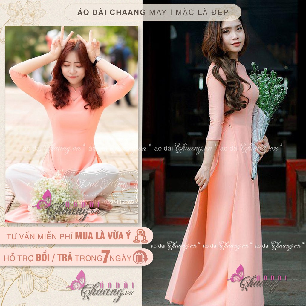 Áo dài truyền thống 4 tà màu cam Chaang May sẵn lụa tằm cao cấp cổ vuông chụp hình lễ tết đẹp