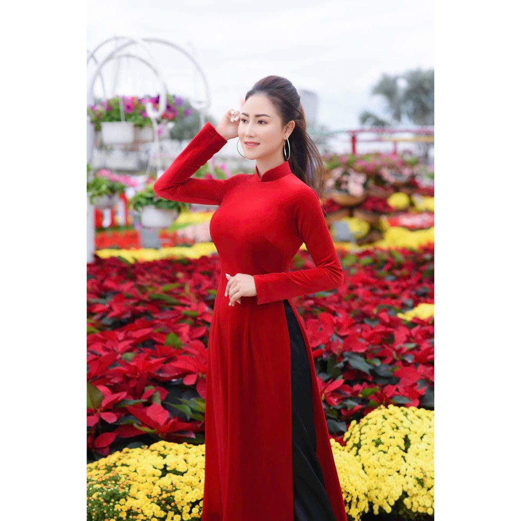 Áo dài nhung đỏ Chaang may sẵn vải áo dài truyền thống co giãn dễ mặc dự tiệc lễ tết đẹp