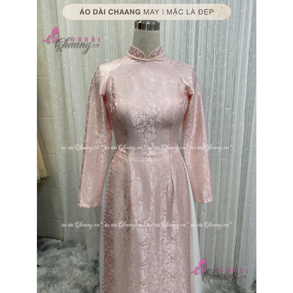 Áo dài cưới gấm tơ hồng đẹp cho cô dâu xinh đi đám cưới hỏi đính ngọc cao cấp